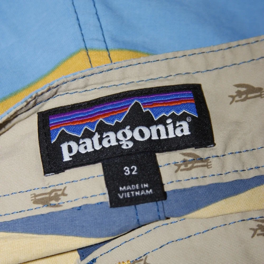 Patagonia Swim Trunks Mens 32 Blue‎ Yellow Striped Board Shorts Nylon Quick Dry